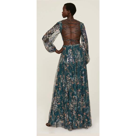 Mac Duggal Teal Floral Bling Cut Out Gown 0 - Picture 4 of 15